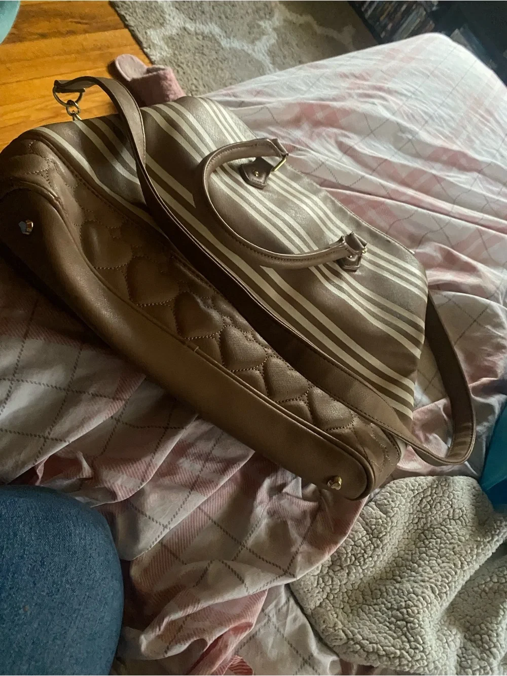 Betsey Johnson Brown and‎ Cream Striped Tote with Bow Charm 16” x12”